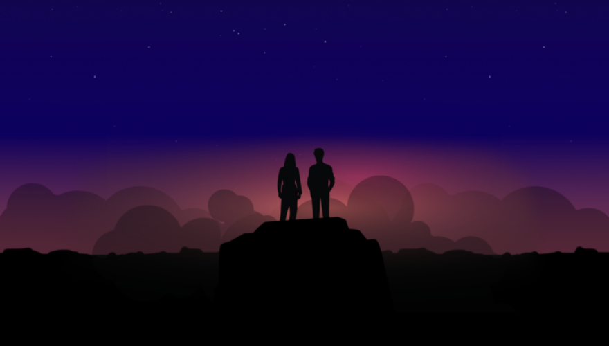 Imagine two people on a hill, silhouetted against a rich and colorful dusk.