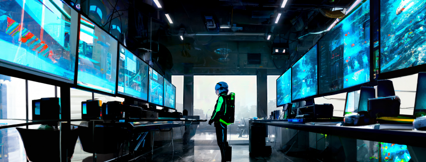 Generative ai image of a futuristic base jumper in command center during apocalypse.