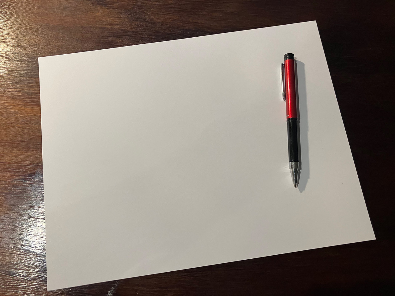A blank piece of paper on my desk, with one of my favorite Zebra ball point pens.