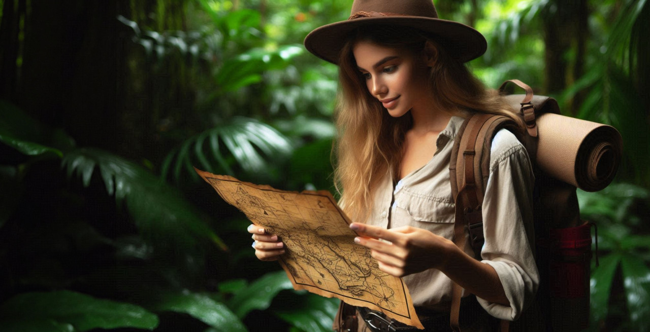 An explorer with a hat and backpack, looking at a treasure map, in a lush jungle setting.