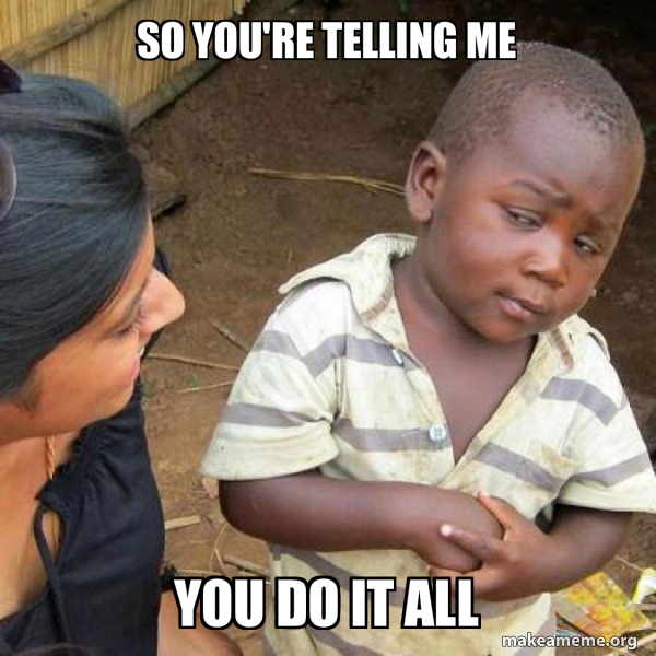 Skeptical looking kid giving a side eye to someone, with meme text that says "So you're telling me you do it all."