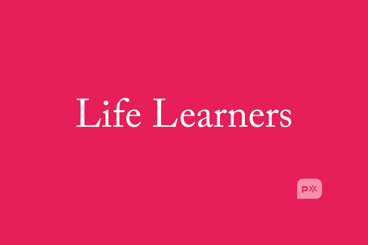 The words "Life Learners" in a lovely serif font appears on a Primitive Spark Red © background, with the Primitive Spark shield in the lower right corner.