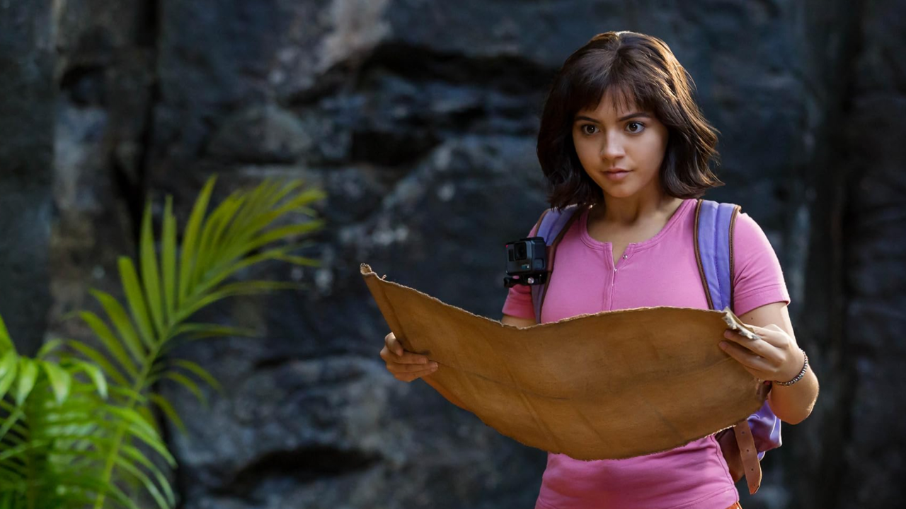 A woman with a backpack, holding an old map, looking intently forward, in a jungle setting.