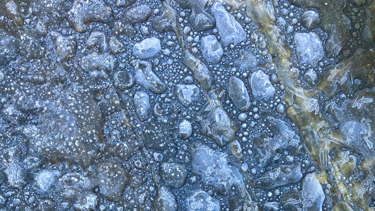 Closeup of water droplets on a bench that have frozen into fragments, with tiny ice crystals on them.