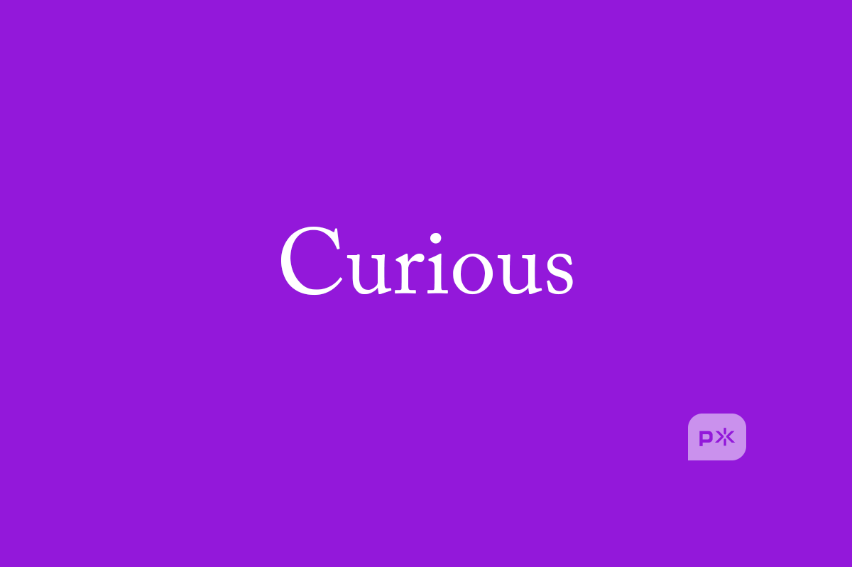 The word "Curious" in a lovely serif font appears on a Primitive Spark Grape © background, with the Primitive Spark shield in the lower right corner.