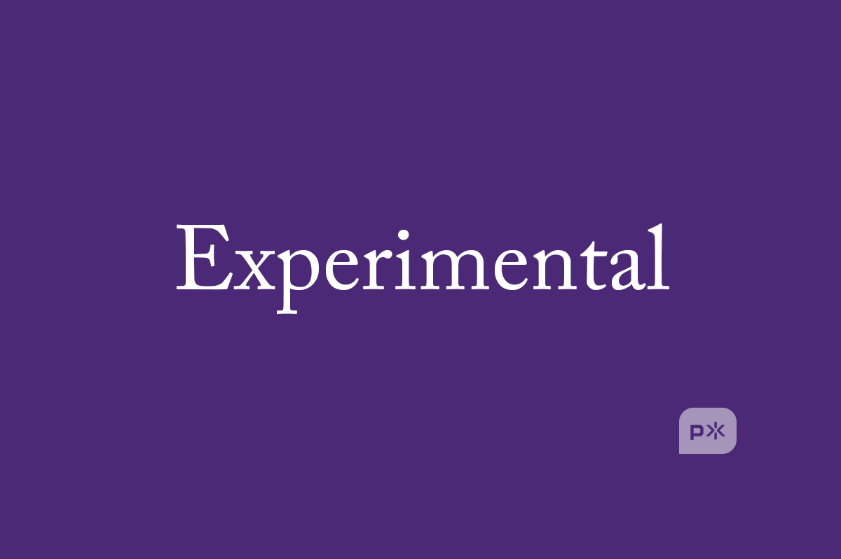 A lovely image of the word "Experimental," typset in a nice serif font, with the Primitive Spark shield in the lower right, with a background of Primitive Spark Purple ©.