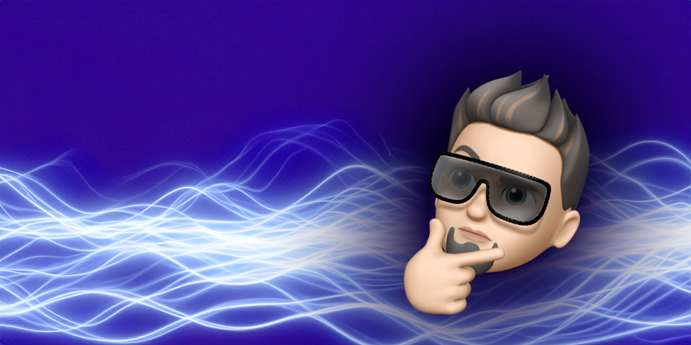 An emoji version of Chris with sunglasses is thinking, while an abstract background of light waves shine in the background.