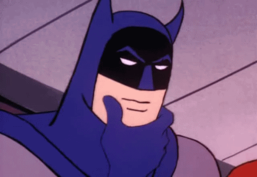 A cartoon animation of Batman thinking, rubbing his chin.