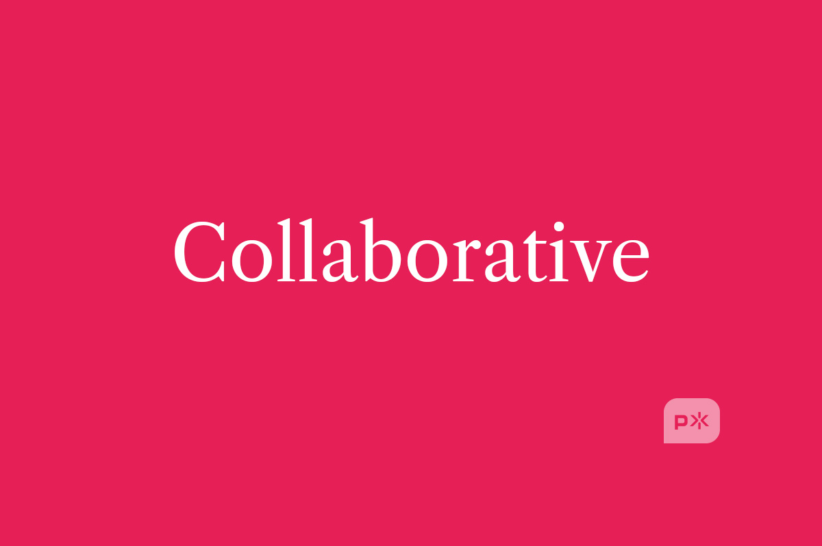 A lovely image of the word "Collaborative," typeset in a nice serif font, with the Primitive Spark shield in the lower right, with a background of Primitive Spark Red ©.