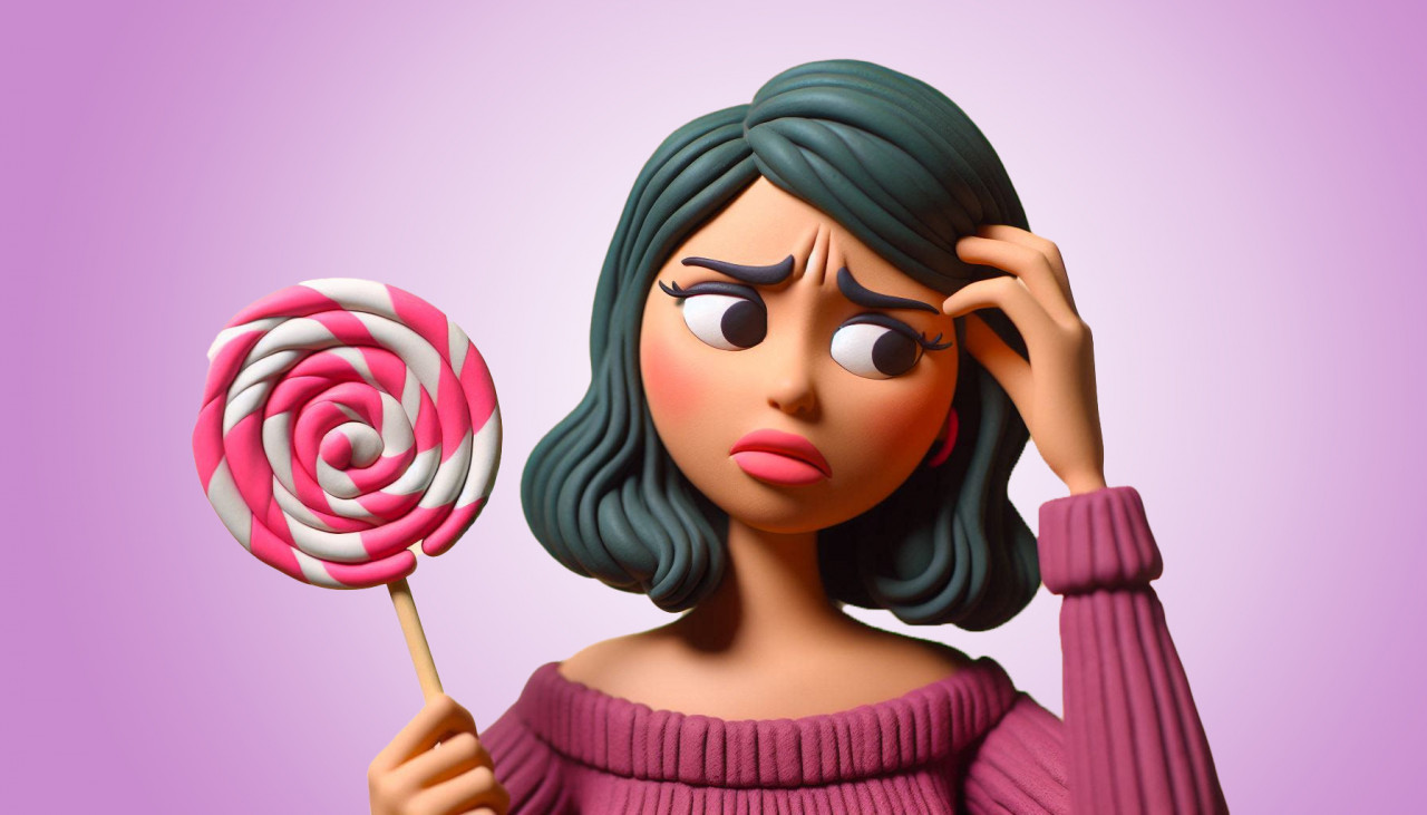 A frustrated woman with a lollipop, in a claymation style.