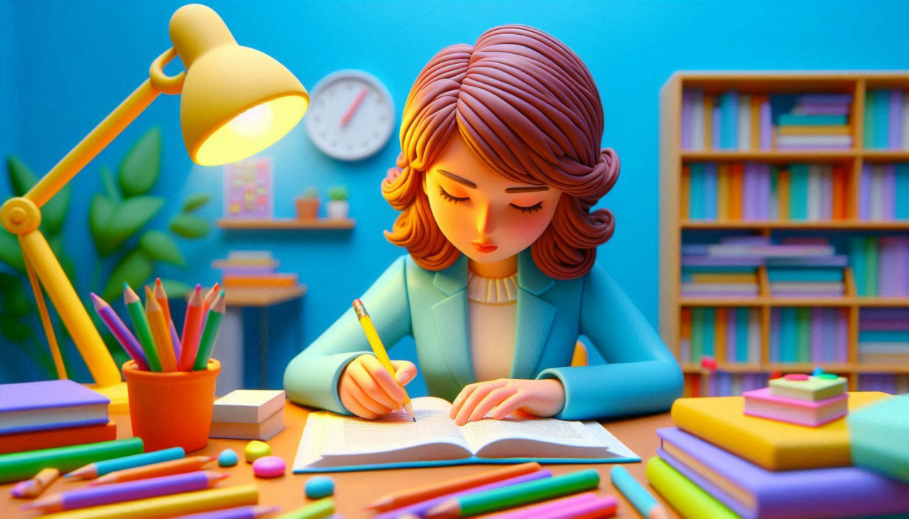 A UXer diligently studies at a desk with books and pencils all around, in a colorful office. Rendered in claymation style, using DALL-E 3.